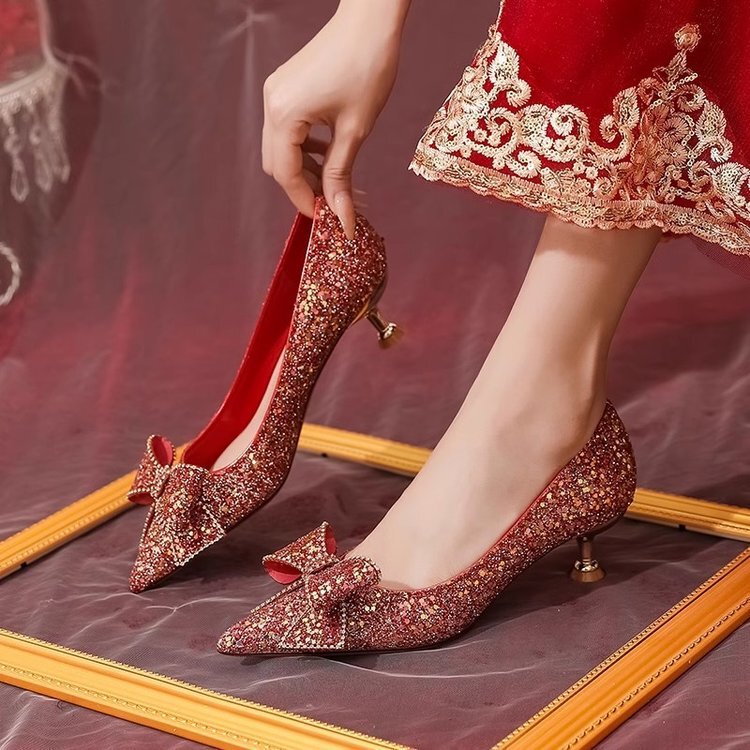 Wedding Shoes for Women, Wedding Dress, Bride Shoes, Xiuhe Dress, Bridesmaid Shoes, French Bow, Sequined Stiletto Heels Wedding Shoes for Women, Wedding Dress, Bride Shoes, Xiuhe Dress, Bridesmaid Shoes, French Bow, Sequined Stiletto Heels
