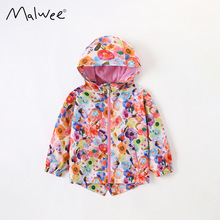 malwee女童外套秋冬新款欧美中小童休闲印花连帽拉链衫儿童装上衣
