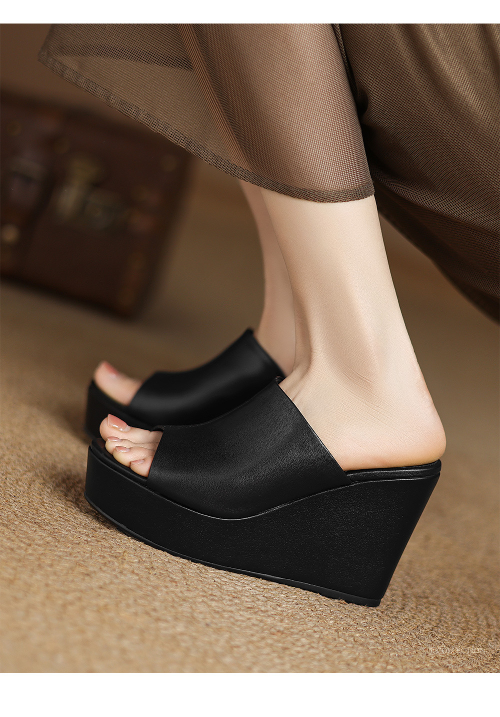 Sandal cao gót đế xuồng nữ hở mũi quai ngang gót 10 cm — Đen [da cừu] chi tiết 1