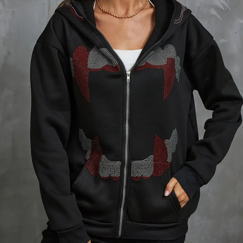 Women's Hooded Sweatshirt With Dark Print And Fleece Lining_voghion.com