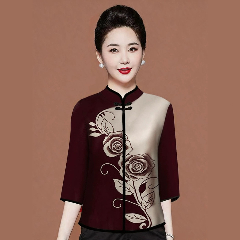 Three-Quarter Sleeve Improved Cheongsam with Traditional Chinese Style Button-Down T-Shirt for Women, Retro Printed Ethnic Style Loose Slimming Top for Women
