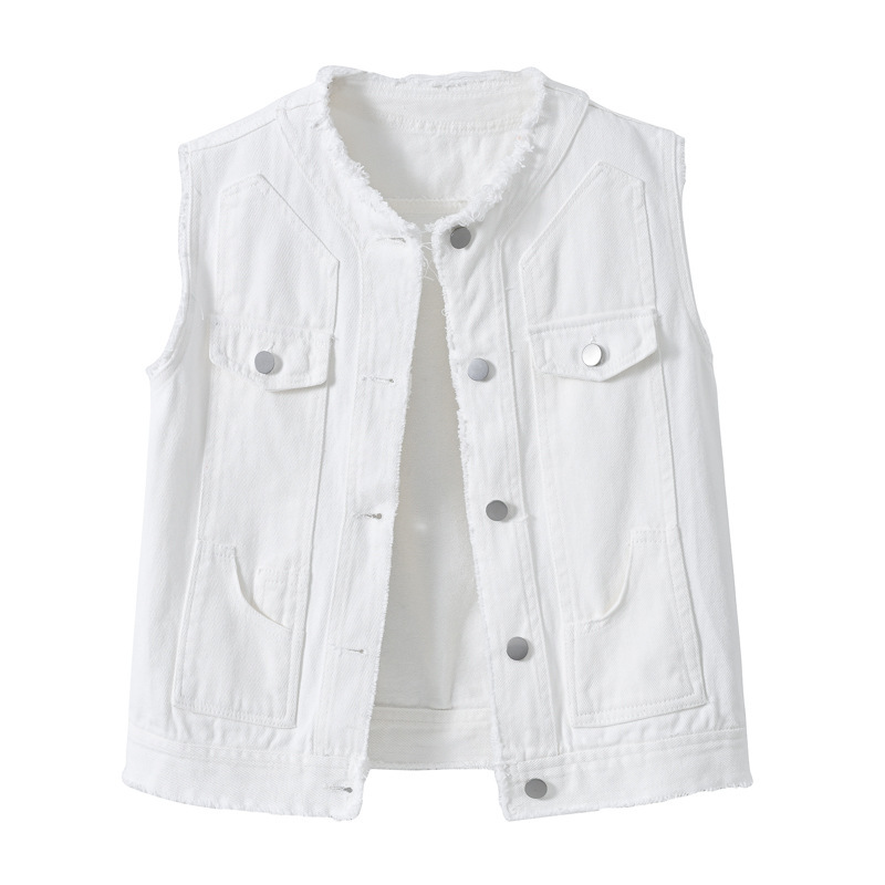 Women's Multi-Color Denim Vest White Spring and Summer Yellow Slimming Candy Color Sleeveless Vest with Frayed Edges Women's Top