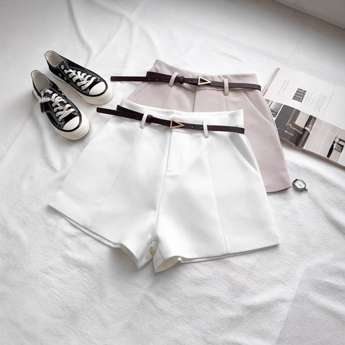 Chic white apricot-colored pants with a belt, women's 2025 spring outerwear, wide-leg, slimming, versatile, A-line, simple and casual.