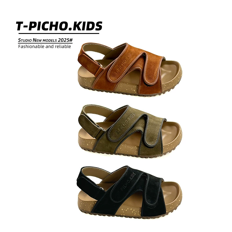 Детские сандалии из натуральной кожи, лето 2025, новая мода для девочек, босоножки в стиле Birkenstock, корейский стиль, модные пляжные туфли для мальчиков