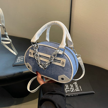 牛仔帆布包包女2024新款潮韩国链条小方包撞色潮质感手提包斜挎包