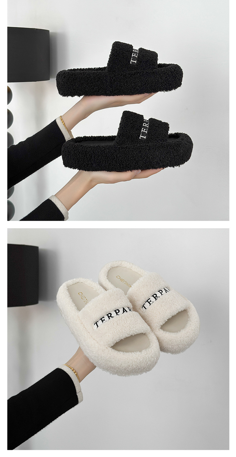 Pantofole in lana di agnello per capispalla da donna autunno e inverno nuovo stile casual versatile che aumenta le pantofole in pelliccia nera ricamate con suola spessa_voghion.com