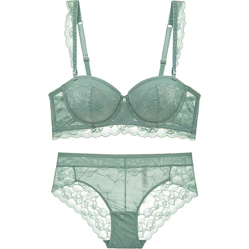 New Sexy Lace Overlay Half Cup Gathering Women's Bra Set Wedding Off the Shoulder Underwear_voghion.com