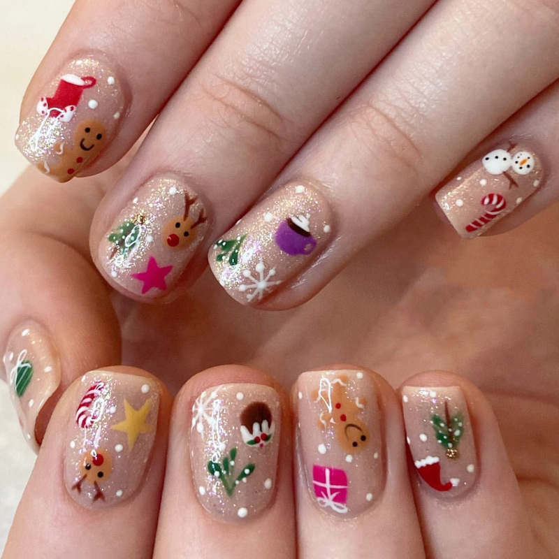 Elk Multi-Style Square Short Nail Pieces Cute Christmas Gift Snowman Nail Pieces Glitter Powder Wearable Nails