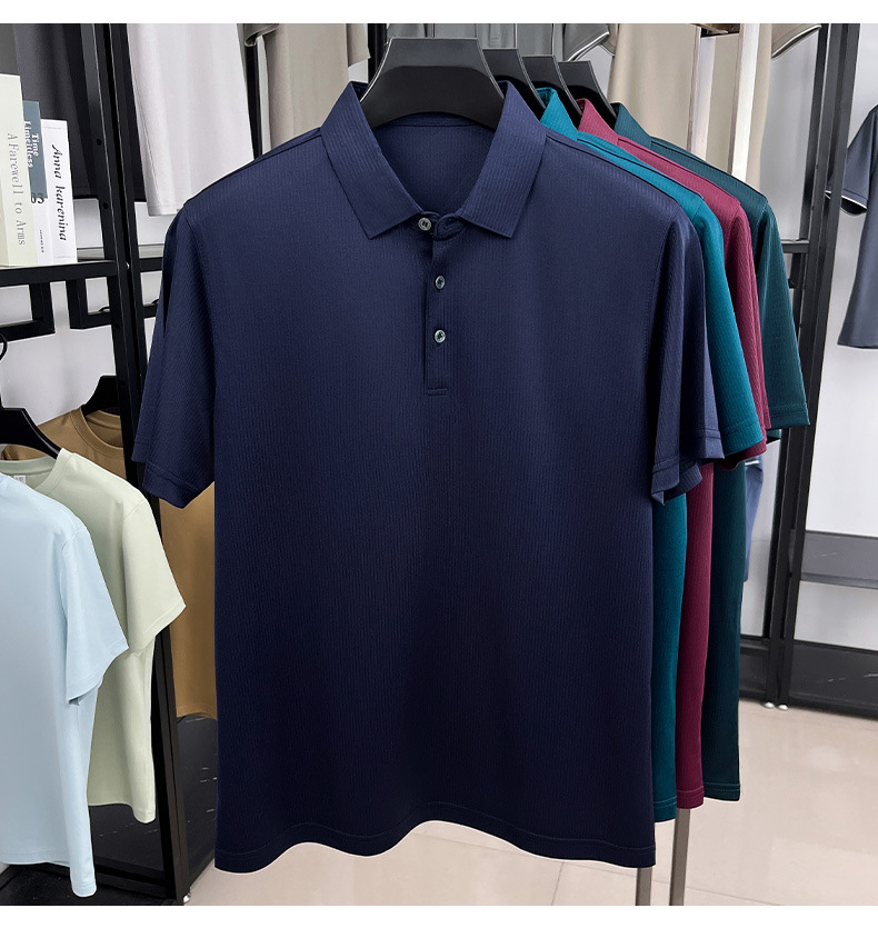Áo polo nam tay ngắn lụa tơ tằm cao cấp phong cách công sở — Xanh đậm 15580 chi tiết 25