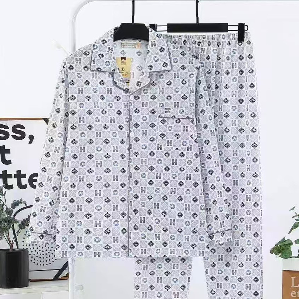 Longgebao Spring and Autumn Men's Pajamas Long Sleeve Long Pants Cardigan Knitted Cotton Lapel Casual Thin Home Clothes Set Various