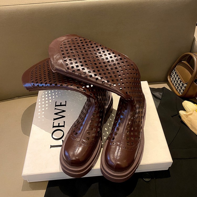 Boot nữ da bò đế dày cổ cao ống lưới — Màu nâu ống lớn, Màu đen cổ ống lớn, Ống nhỏ màu đen, Chu vi ống lớn màu trắng Be chi tiết 10