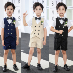 兒童套裝新款春夏短袖馬甲套男童花禮服中小童寶寶周歲生日宴會服