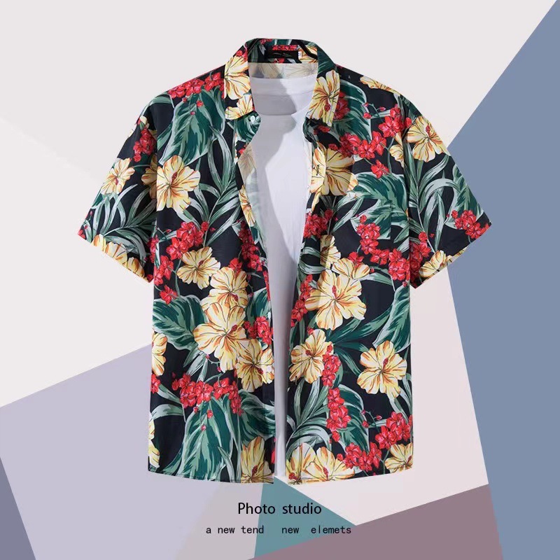 Summer Beach floral hombres y mujeres camisa delgada ins moda hawaiana transfronteriza suelta tie-dyed manga corta pareja camisa