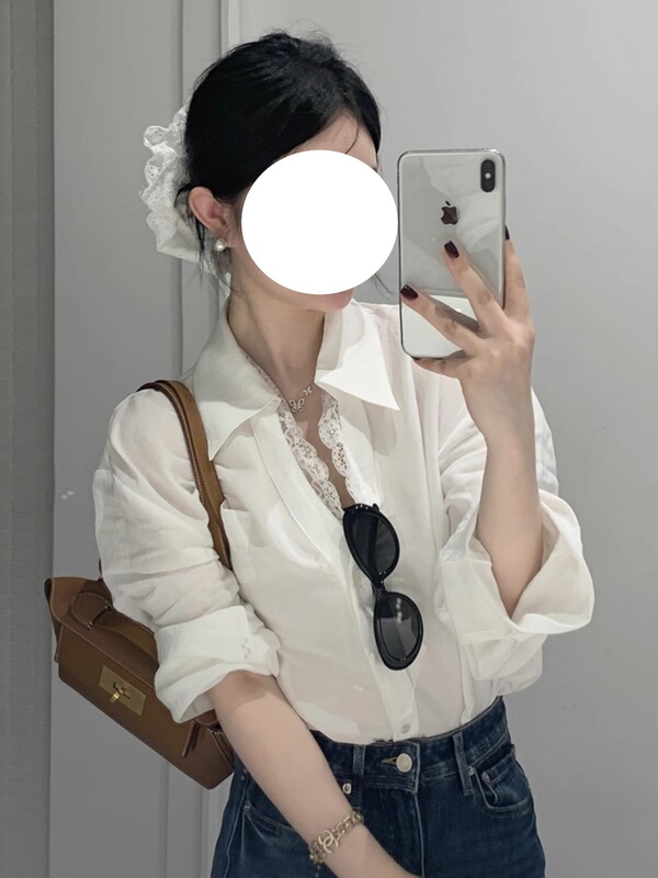 Lace Long-Sleeved Lapel Design White Shirt High-Waisted Retro Layered Versatile Slimming Waist Outer Top