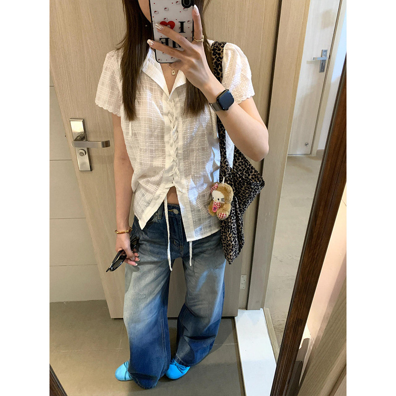 韩系白色肌理感短袖衬衫女夏季设计感小众绑带衬衣感气质上衣|undefined