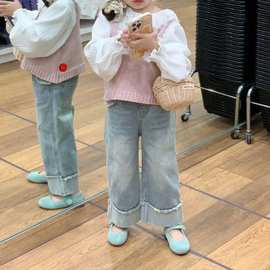 韩版童套装2024春季新款粉色背心女宝宝花边领衬衫蓝色牛仔裤三件