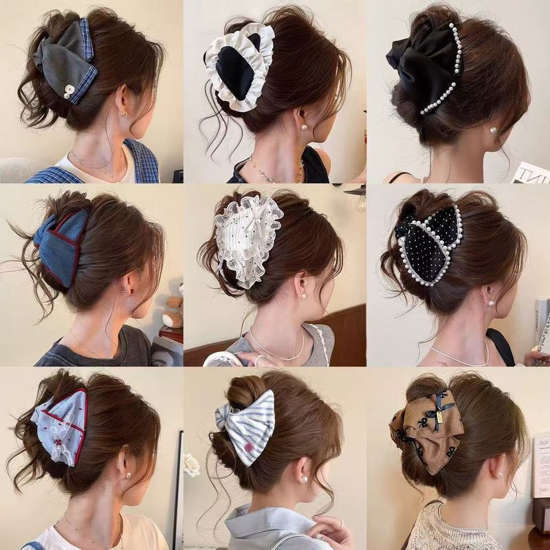 新作レトロ韓国風布製リボン三角ヘアクリップ、女性用大型ヘアクリップ、後頭部の髪量が多い方用シャーククリップ|undefined