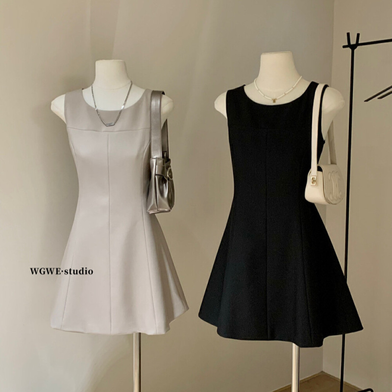 WGWEフレンチ優しいノースリーブ夏の高級感気質しわa字スカートウエストワンピース女性W5723|undefined