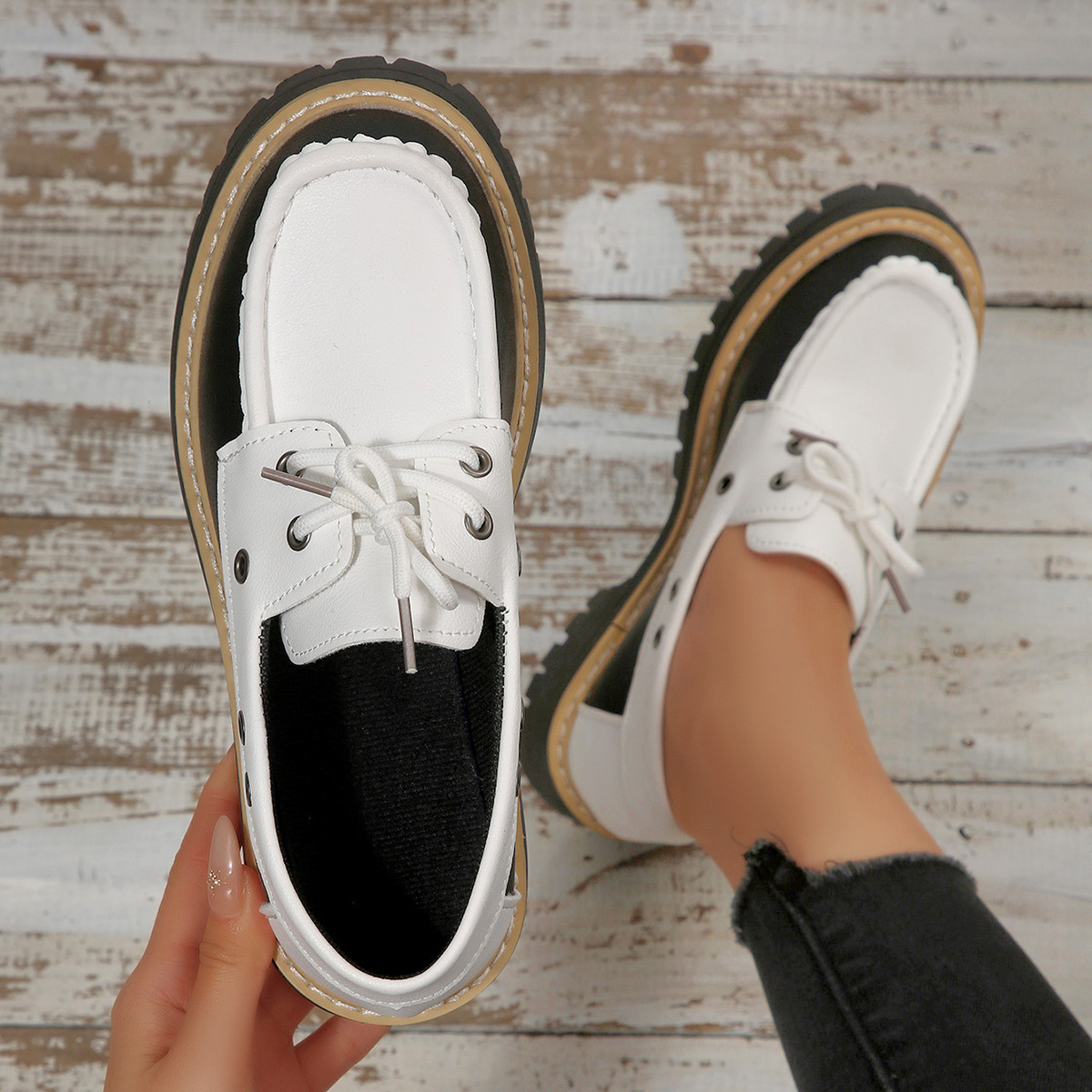 Women's Spring Color Blocked British Style Low Top Loafers Lace Up Thick Sole Plus Size Shoes New Style_voghion.com