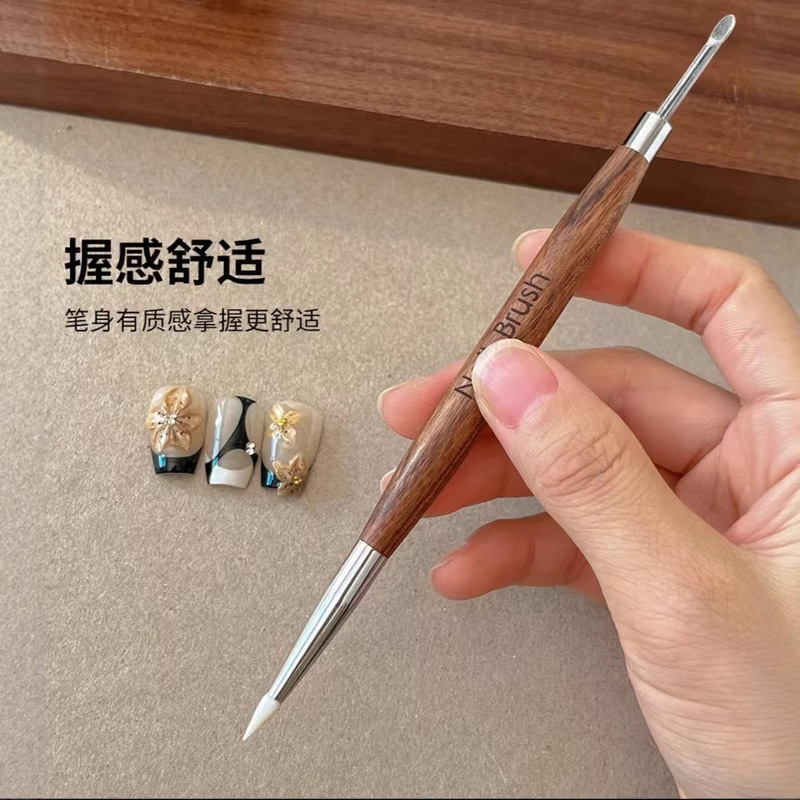 多功能双头檀木杆美甲调胶笔日式硅胶雕花笔刮胶压花彩绘美甲工具|undefined