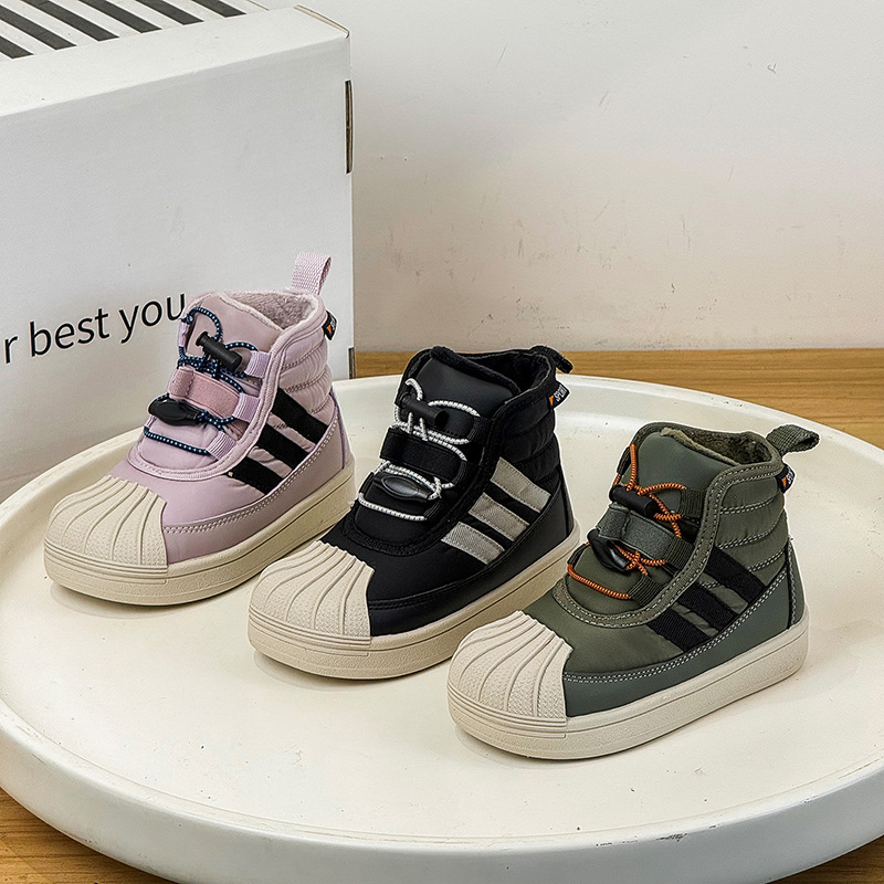 2025儿童雪地靴加绒二棉男童贝壳头加绒防水雨伞布女童款中大童靴