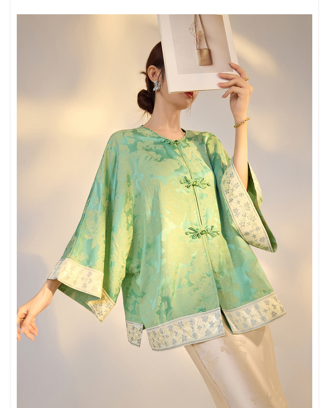 Áo sơ mi nam dài tay họa tiết in hình phong cách retro thanh lịch — Xanh lục chi tiết 12