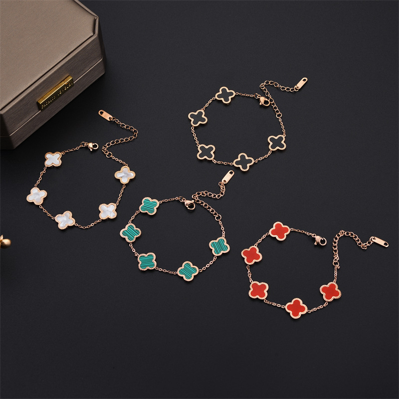 Fashion Four Leaf Clover Titanium Steel Inlaid Gold Shell Bracelets