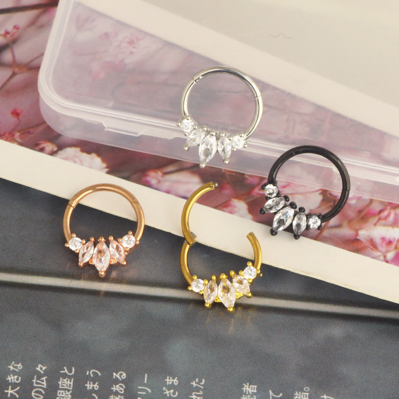 Stainless Steel Closed Ring Human Piercing Cartilage Jewelry Nose Ring Three Flap Flower Micro Zircon Ear Clip Earrings detail image 9