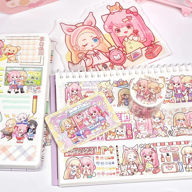 Mengya Club Handbook Tape Cartoon Cute Girl Heart Handbook Material Decoration Japanese Paper Special Oil Club Tape
