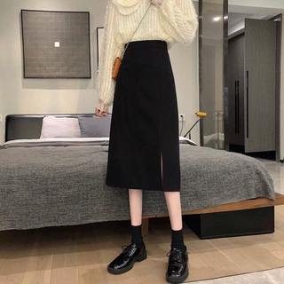 黑色半身裙女垂感裙子开叉中长款早秋显瘦一步西装开叉包臀a字裙