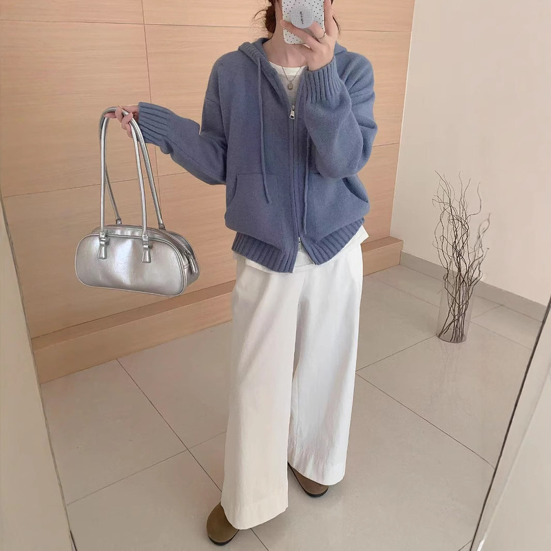 秋冬新款设计感抽绳连帽双拉链口袋休闲针织开衫女简约百搭外套|undefined