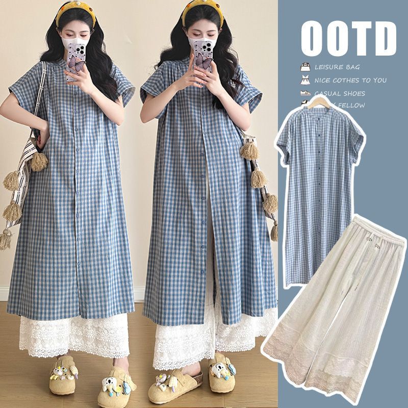 Maternity 2025 Summer New Artistic Retro Lazy Style Plaid Short Sleeve Shirt dress suit Maternity 2025 Summer New Artistic Retro Lazy Style Plaid Short Sleeve Shirt dress suit
