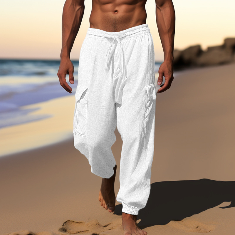 Sports Linen Casual Pants with Thin Drawstrings, Multiple Pockets, Loose Fit, Men's Cargo Pants, Straight-Leg, Relaxed Style
