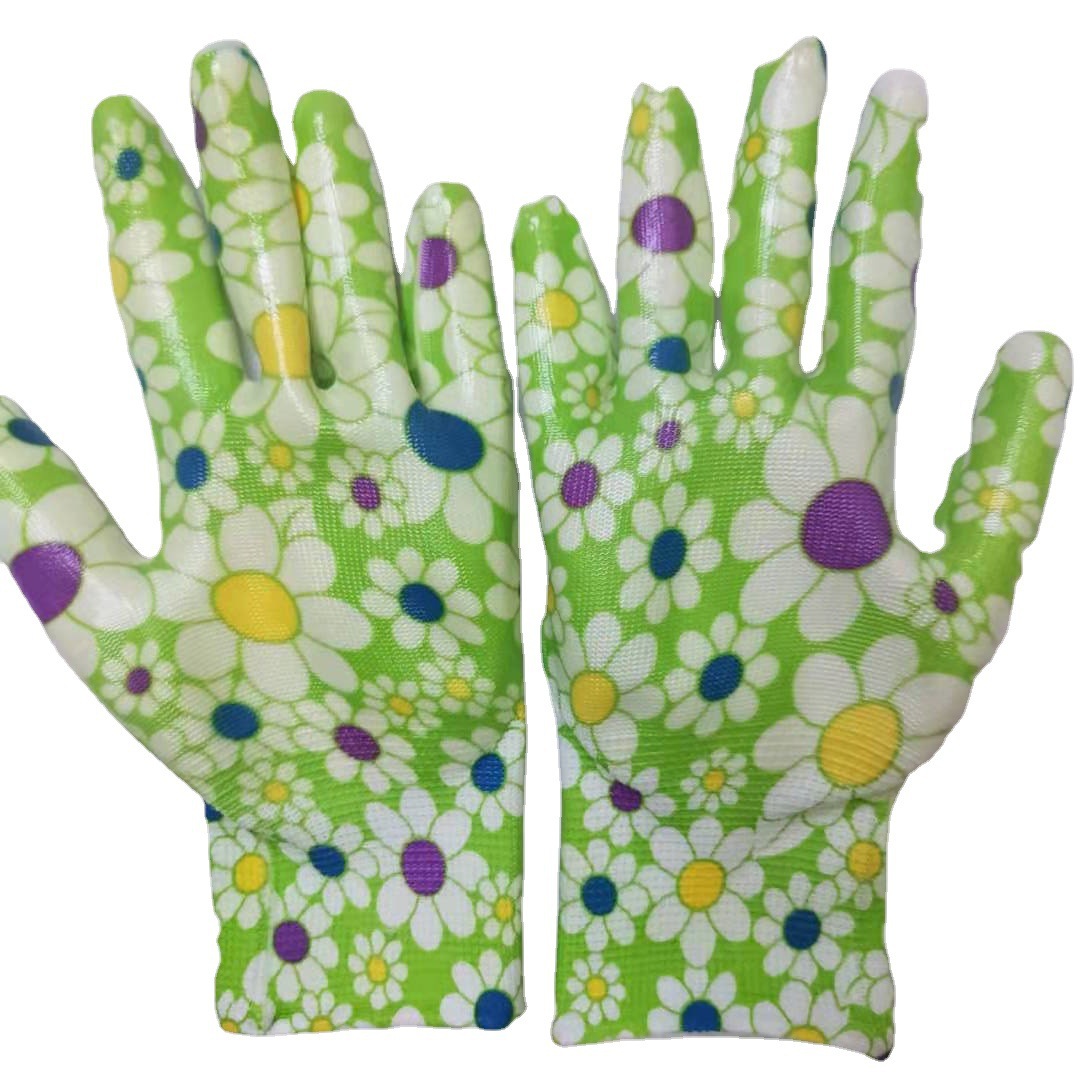 Guantes de protección laboral brillantes de nitrilo sumergidos en palma de nailon impreso de 13 pines del fabricante, guantes de jardín transpirables, resistentes a las perforaciones, resistentes al desgaste y a prueba de puñaladas