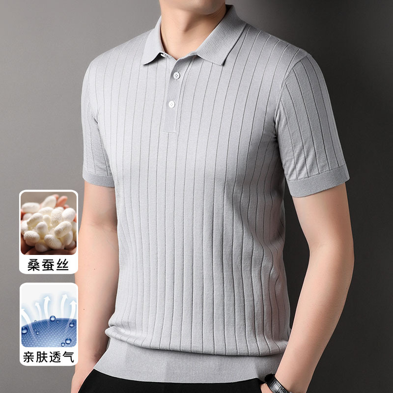 [28.6 Knitted Mulberry Silk] Short-sleeved T-shirt Men's Lapel Striped Summer New All-match Ice Silk Polo Shirt