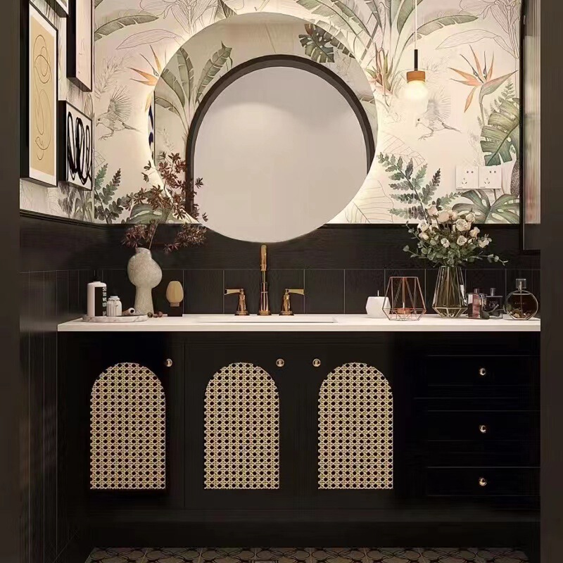 Solid Wood Bathroom Cabinet Rattan Bathroom Wash suit Bathroom Washbasin Internet Popular Retro Wall-mounted Wash Basin