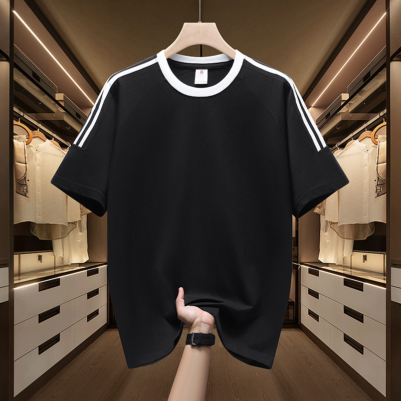Algodón transfronterizo americano de tres barras de manga corta camiseta deportiva de moda masculina suelta y atractiva chaqueta de comercio exterior