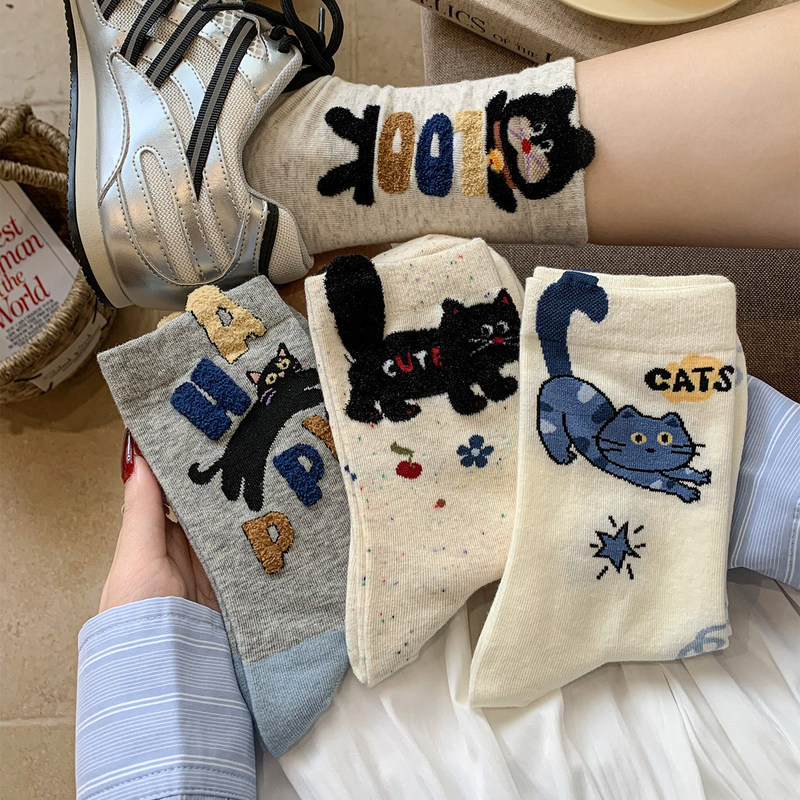 Cartoon Cat Socks for Women, Mid-Calf Socks, Spring and Summer Cotton Socks, Korean Style, Japanese Style, Cute Velvet Socks, Trendy Ins Style, Spring Long Socks