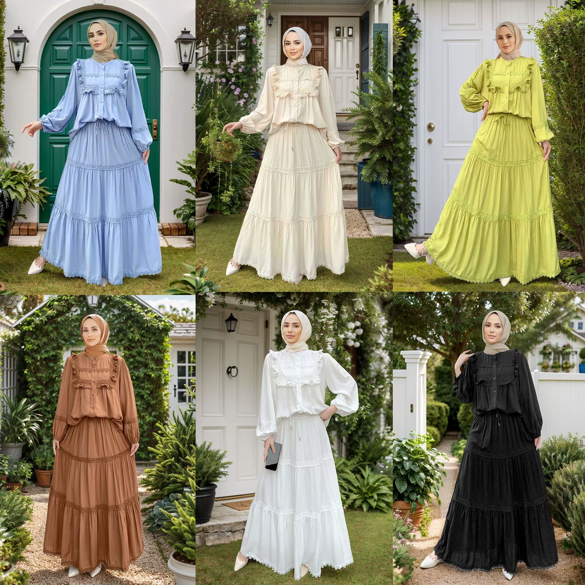 Комплект из кружевного топа с воротником-стойкой и рюшами в стиле пэчворк для женщин Ближнего Востока + длинная юбка с широким подолом.