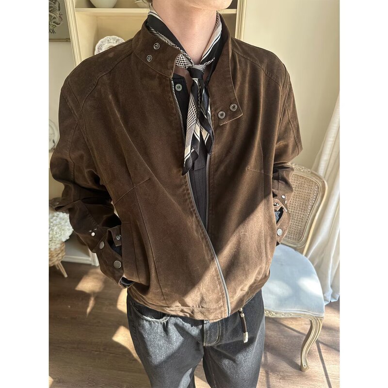 Modern Era Maillard Brown Harrington Jacket for Men and Women, Autumn American Retro Couple Faux Suede Coat for Men Modern Era Maillard Brown Harrington Jacket for Men and Women, Autumn American Retro Couple Faux Suede Coat for Men