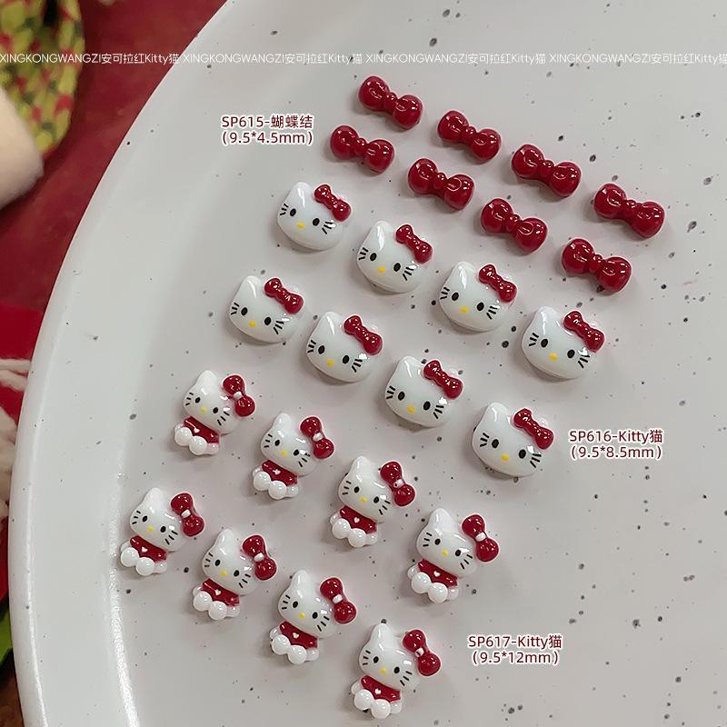 安可拉红凯蒂猫卡通美甲饰品网红kitty猫红色蝴蝶结新年指甲钻饰|undefined