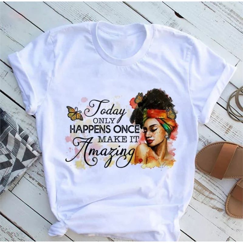 Women T Shirt Fashion Casual Cartoon Feminist Cartoon African Girl Print Women's Short Sleeve T-Shirt