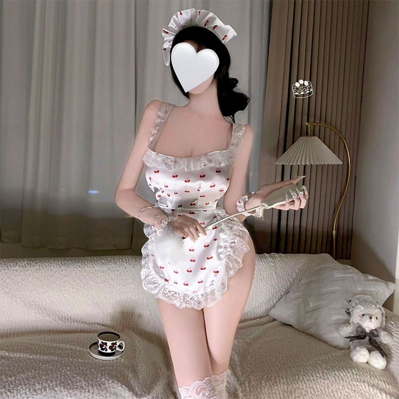 Xishi 섹시한 속옷, 섹시한 누드 백 레이스 엉덩이 노출 앞치마, 메이드 슈트 유니폼, 순수한 욕망, 탈착 불가 유혹 잠옷