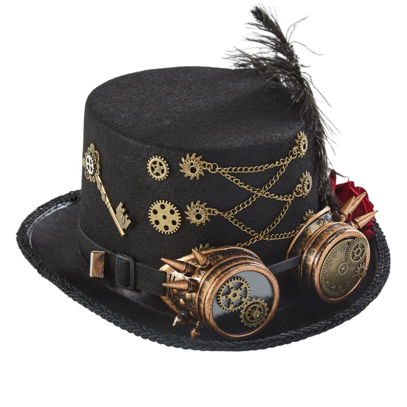 Punk Topper Cosplay Gothic Vintage Goggles Dark Rose Gear Chain Hat