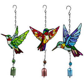 跨境新品玻璃蜂鸟风铃钻石玻璃工艺品挂饰创意花园庭院铃铛挂件