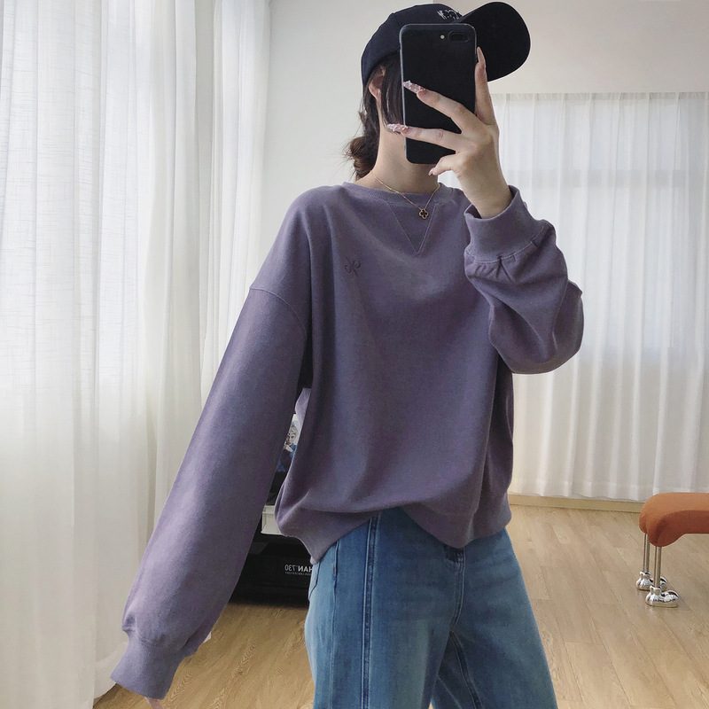 毛圈棉领口倒三角砂洗复古做旧刺绣圆领卫衣女秋季2025新款上衣|undefined
