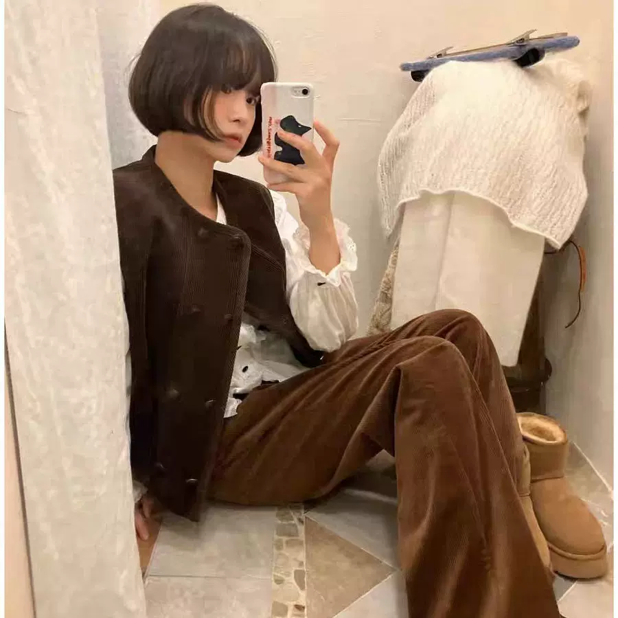 4天 2025冬季新款韩国东大门vi*plain灯芯绒双排扣背心马甲外套女