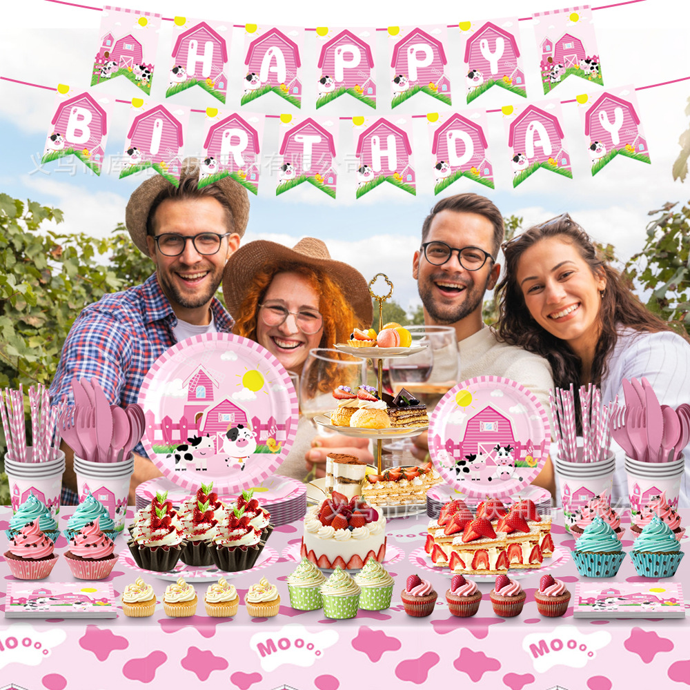 Transfronterizo nuevo tema animal de granja Rosa decoración del Partido cumpleaños de los niños plato de papel desechable cubierta de la taza de papel
