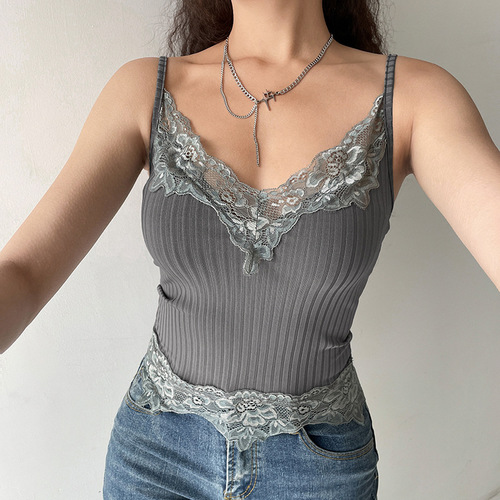 Lace splicing pit deep V-neck small suspender European and American  new women's clothing with exposed navel sexy slim vest