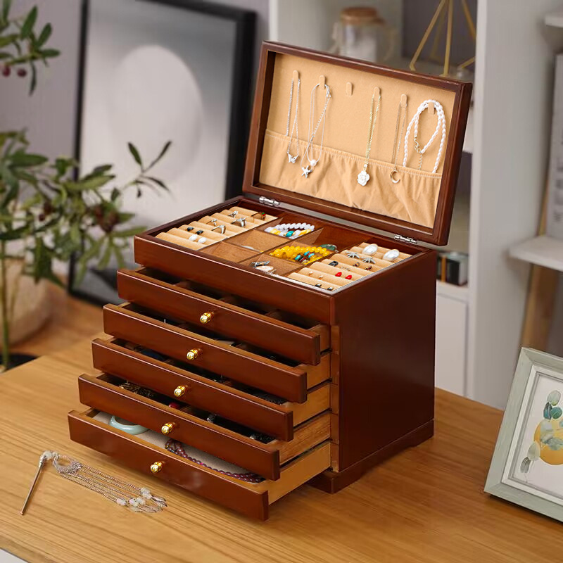 Fábrica transfronteriza caja de joyería de madera pendientes collar caja de almacenamiento caja de joyería de madera maciza vintage caja de anillo de joyería
